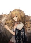  1girl absurdres animal_ears arknights artist_name bangs bare_shoulders blonde_hair blush breasts cleavage collarbone fur-trimmed_jacket fur_trim hair_between_eyes highres jacket koi_han large_breasts lion lion_ears long_hair looking_at_viewer parted_lips siege_(arknights) smile solo tank_top upper_body yellow_eyes 