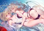  2girls ahoge ass back bangs bare_shoulders belt bikini black_bikini blonde_hair blue_eyes blush breasts choker cleavage closed_mouth collarbone competition_swimsuit covered_navel eyebrows_visible_through_hair fate/grand_order fate_(series) floating hair_between_eyes highleg highleg_swimsuit jeanne_d&#039;arc_(alter_swimsuit_berserker) jeanne_d&#039;arc_(fate)_(all) jeanne_d&#039;arc_(swimsuit_archer) large_breasts long_hair looking_at_viewer mouth_hold multiple_girls obiwan one-piece_swimsuit open_mouth ponytail silver_hair strap_pull swimsuit thigh_strap thighs very_long_hair water wet white_swimsuit yellow_eyes 