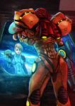  1girl absurdres arm_cannon blonde_hair blue_bodysuit bodysuit breasts closed_eyes commentary covered_navel different_reflection english_commentary hair_down helmet highres long_hair metroid metroid_(creature) monori_rogue power_armor reflection samus_aran science_fiction skin_tight small_breasts solo_focus space space_craft varia_suit weapon zero_suit 