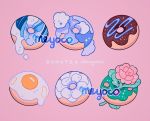  artist_name cloud_print doughnut egg english_text flower food leaf meyoco no_humans original pink_background pink_flower simple_background sunny_side_up_egg wave_print white_flower 