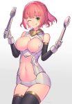  1girl ;p black_legwear breasts character_request cleavage fork green_eyes highres large_breasts mecha_musume megami_device nadare-san_(nadare3nwm) one_eye_closed pink_hair short_hair smile solo spoon tongue tongue_out 