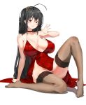  1girl absurdres ahoge arm_support azur_lane bangs bare_shoulders black_hair blush breasts brown_legwear choker cleavage cocktail_dress collarbone dress eyebrows_visible_through_hair groin hair_between_eyes hair_ornament hand_up highres huge_breasts large_breasts long_hair looking_at_viewer no_panties pixel_(yuxian) red_choker red_dress red_eyes simple_background sitting smile solo taihou_(azur_lane) taihou_(forbidden_feast)_(azur_lane) thighhighs very_long_hair white_background 