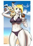  ambiguous_gender anthro beach bikini breasts canid canine clothed clothing duo female female_focus larger_anthro larger_female luxury_ball mammal mimikyu nintendo open_mouth outside pok&eacute;ball pok&eacute;mon pok&eacute;mon_(species) porin seaside size_difference smaller_ambiguous smile solo solo_focus standing swimwear thick_thighs video_games 