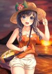  1girl :d absurdres bag bangs bare_arms bare_shoulders beach between_breasts black_hair blue_eyes blush braid breasts cleavage collarbone cowboy_shot flower hat hat_tip highres looking_at_viewer medium_breasts mizuki_(pokemon) navel ocean open_mouth outdoors pokemon pokemon_(game) pokemon_usum short_shorts shorts sky smile solo strap_between_breasts sun sun_hat sunset swept_bangs tank_top twin_braids white_shorts yuririn_poi 