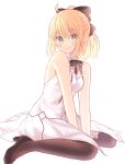  1girl absurdres ahoge artoria_pendragon_(all) bangs between_legs black_bow black_footwear black_legwear black_neckwear blonde_hair bow breasts choker cleavage eyebrows_visible_through_hair fate/unlimited_codes fate_(series) green_eyes hair_bow hand_between_legs high_heels highres looking_at_viewer lq_saku miniskirt pantyhose ponytail pump saber_lily short_hair simple_background sitting skirt sleeveless small_breasts smile solo strapless wariza white_background white_skirt 