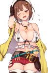  1girl ;d atelier_(series) atelier_ryza belt bikini_top black_gloves blush breasts brown_eyes brown_hair collarbone commentary_request gloves hair_ornament jewelry large_breasts looking_at_viewer navel necklace one_eye_closed open_mouth red_shorts reisalin_stout short_hair short_shorts shorts simple_background single_glove smile solo star teeth thighhighs white_background white_bikini_top white_headwear yuuzuki_(re&#039;ef) 