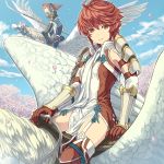  1boy 1girl arm_strap boots brown_eyes closed_mouth day detached_sleeves dress fire_emblem fire_emblem_if garter_straps gloves hair_between_eyes hinata_(fire_emblem_if) hinoka_(fire_emblem_if) holding holding_spear holding_weapon long_hair long_sleeves looking_at_viewer mooncanopy naginata outdoors pegasus pegasus_knight petals polearm ponytail red_footwear red_gloves red_hair riding short_dress short_hair side_slit smile solo_focus spear thigh_boots thighhighs weapon 