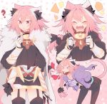  1boy ? ^_^ ^o^ animal_ears armor astolfo_(fate) bell bell_collar black_legwear black_skirt blush cat_ears cat_tail closed_eyes collar eyebrows_visible_through_hair facing_viewer fang fate/apocrypha fate/grand_order fate_(series) garter_straps heart highres kemonomimi_mode long_hair looking_away multicolored_hair open_mouth pantyhose parted_lips pink_hair purple_eyes skirt smile srinitybeast tail thighhighs white_hair 