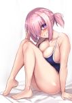  1girl alternate_hairstyle arm_at_side bare_legs barefoot black-framed_eyewear blue_swimsuit blush breasts cleavage commentary_request eyebrows_visible_through_hair fate/grand_order fate_(series) glasses hair_over_one_eye head_tilt highres knees_on_chest large_breasts looking_at_viewer mash_kyrielight new_school_swimsuit one-piece_swimsuit pink_hair purple_eyes school_swimsuit short_hair short_ponytail sitting smile solo sweat swimsuit untsue 