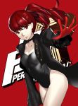  1girl absurdres bangs black_jacket black_leotard black_ribbon breasts cleavage collarbone copyright_name floating_hair gloves hair_ribbon highres jacket leotard long_hair long_sleeves looking_at_viewer open_clothes open_jacket parted_lips persona persona_5 persona_5_the_royal ponytail red_background red_eyes red_gloves red_hair ribbon shiny shiny_hair sitnon small_breasts solo yoshizawa_kasumi 