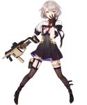  1girl bangs black_footwear black_gloves black_legwear brown_eyes brown_gloves choker covering_mouth dress eyebrows_visible_through_hair full_body girls_frontline gloves grey_hair gun hair_between_eyes hand_over_own_mouth highres holding holding_gun holding_weapon kriss_vector legs_apart leon_v looking_at_viewer multicolored multicolored_clothes multicolored_dress multicolored_gloves parted_lips red_neckwear short_hair short_sleeves silver_hair solo standing submachine_gun thighhighs trigger_discipline vector_(girls_frontline) weapon white_background yellow_eyes 
