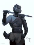  anthro armor canid canine clothed clothing hair male mammal melee_weapon simple_background solo standing sword unknowhiter weapon white_background 