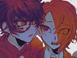  2boys collared_shirt facial_mark glasses hair_over_one_eye highres jacket limited_palette looking_at_another male_focus master_detective_archives:_rain_code multiple_boys oishikunatte_shintoujou open_mouth round_eyewear shirt short_hair simple_background upper_body white_background yomi_hellsmile zilch_alexander 