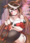  1girl absurdres animal_ears bare_shoulders belt black_belt black_hair black_thighhighs blurry blurry_background blush bound bound_wrists breasts brown_hair christmas christmas_tree cleavage commentary depth_of_field ear_piercing frilled_sleeves frills fur-trimmed_shirt fur-trimmed_shorts fur_trim gift heart highres horse_ears horse_girl horse_tail long_hair looking_at_viewer medium_breasts midriff mofu_ricotta multicolored_hair navel off-shoulder_shirt off_shoulder open_mouth piercing red_ribbon red_shirt red_shorts ribbon shirt short_shorts short_sleeves shorts sitting smile solo streaked_hair symboli_rudolf_(umamusume) tail thighhighs translated umamusume white_hair 