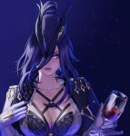  1girl alcohol blue_cape blue_hair blue_headwear breasts cape cleavage clorinde_(genshin_impact) collarbone cup dark_background dark_blue_hair drinking_glass english_commentary epaulettes genshin_impact gloves hair_between_eyes hair_over_one_eye hat hat_feather highres large_breasts lips long_bangs long_hair looking_at_viewer lunart o-ring open_clothes open_shirt purple_eyes shirt solo tricorne unbuttoned upper_body white_gloves white_shirt wine wine_glass 