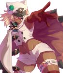  1girl blonde_hair breasts cape commentary contrapposto cropped_vest dark-skinned_female dark_skin english_commentary foreshortening groin guilty_gear guilty_gear_strive hair_over_one_eye hand_wraps hat highres midriff navel orange_eyes ramlethal_valentine serious short_shorts shorts small_breasts solo supacreamss thigh_strap two-sided_cape two-sided_fabric vest white_cape white_shorts 