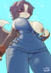 absurd_res amaverse angel_welina anthro bernese_mountain_dog big_breasts bodily_fluids breasts canid canine canis clothing curvy_figure domestic_dog exposed_breasts female female_anthro hair hi_res huge_breasts kemono looking_away mammal molosser mountain_dog nervous nervous_sweat nipples one_breast_out overalls paws shy sky slightly_chubby smile solo sweat sweatdrop sweaty_breasts swiss_mountain_dog tenyati thick_thighs voluptuous