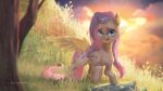 16:9 2023 cutie_mark digital_media_(artwork) equid equine feathers female feral fluttershy_(mlp) friendship_is_magic fur hair hasbro hi_res horse illustration looking_at_viewer mammal my_little_pony pegasus pink_hair pony smile solo tail tea_patriarch widescreen wings yellow_body