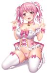  1girl :d absurdres bang_dream! bell bell_choker bow bow_panties breast_tattoo breasts choker cleavage covered_nipples eyebrows_visible_through_hair full_body hair_ribbon heart_tattoo highres kneeling lambda_(kusowarota) large_breasts looking_at_viewer maruyama_aya open_mouth panties pink_bow pink_choker pink_eyes pink_hair pink_panties ribbon simple_background smile solo tattoo thighhighs underwear v white_background white_legwear white_ribbon wrist_bow 
