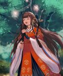  1girl blunt_bangs braid brown_hair closed_eyes commentary delia_letter hair_ornament highres interlocked_fingers long_hair music new_year open_mouth original outdoors singing solo standing teeth tree under_tree upper_teeth_only wide_sleeves 