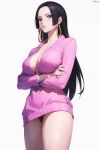  ai-generated black_hair black_panties blue_eyes boa_hancock breasts colored_skin highres large_breasts long_hair mature_female one_piece panties pink_skin prixmal underwear white_background 