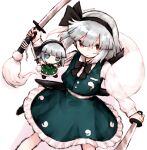  1girl absurdres aqua_eyes black_bow black_bowtie black_hairband bow bowtie commentary fumo_(doll) ghost ghost_print green_skirt green_vest grey_hair hairband highres holding holding_sword holding_weapon konpaku_youmu konpaku_youmu_(ghost) looking_at_viewer multiple_swords natucurage red_eyes short_hair simple_background skirt solo sword touhou twitter_username vest weapon white_background 