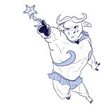  2018 anthro barefoot blue_theme bottomwear bovid bovine cape_buffalo chief_bogo clothed clothing cosplay crossdressing disney holding_object horn ittybittykittytittys magic_wand magical_girl_outfit male mammal monochrome muscular muscular_male sailor_moon_(series) simple_background skirt solo white_background zootopia 