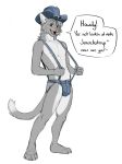 anthro bottomwear bulge canid canine canis clothed clothing cowboy_hat cutoffs denim denim_bottomwear denim_clothing dialogue domestic_cat felid feline felis front_view fur grey_body grey_fur hat headgear headwear hi_res humor jay_(jaykat) jaykat jockstrap male mammal shirtless shorts simple_background skimpy solo speech_bubble standing suspenders underwear white_background