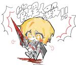  1girl arere_(k1m6wv) black_coat black_pants blonde_hair blood blood_on_weapon blush_stickers chibi coat don_quixote_(project_moon) full_body holding holding_weapon lance limbus_company long_sleeves open_mouth pants polearm project_moon shoes short_hair sketch smile solo translation_request weapon yellow_eyes 
