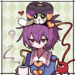  ? animal animal_on_head animalization argyle argyle_background bags_under_eyes black_eyes black_hairband blue_shirt bright_pupils buttons cat cat_on_head closed_mouth critter_pick_(honkai:_star_rail) cup diamond_(shape) film_grain frilled_shirt frilled_shirt_collar frilled_sleeves frills green_background green_cat green_eyes hair_between_eyes hair_ornament hairband hand_up heart heart_button heart_hair_ornament holding holding_cup honkai:_star_rail honkai_(series) komeiji_koishi komeiji_koishi_(cat) komeiji_satori long_sleeves medium_hair motion_lines multicolored_eyes on_head purple_hair red_eyes rhombus_background ribbon-trimmed_collar ribbon_trim shirt siblings sisters third_eye tongue tongue_out touhou upper_body white_cat white_pupils yellow_eyes zunusama 