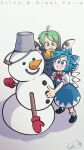  2girls blue_eyes blue_hair blush bow bucket carrot carte cirno daiyousei dress english_text fairy_wings green_eyes green_hair hair_bow hair_ribbon hat holding_snowman long_hair mittens multiple_girls open_mouth ribbon shirt short_hair short_sleeves side_ponytail skirt smile snow snowball snowman stick touhou wings winter 