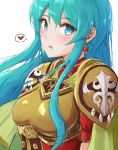  1girl aqua_hair armor blue_eyes blush breastplate cape earrings eirika eyebrows_visible_through_hair fire_emblem fire_emblem:_seima_no_kouseki fire_emblem_heroes hair_between_eyes heart ippers jewelry long_hair looking_at_viewer open_mouth parted_lips shoulder_armor sidelocks 