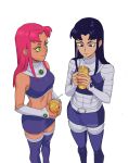  2girls blackfire breasts closed_mouth colored_sclera colored_skin covered_navel dc_comics drinking_straw english_commentary green_eyes green_sclera highres jenxd_d long_hair looking_at_another looking_down medium_breasts multiple_girls mustard navel orange_hair orange_skin purple_eyes purple_hair siblings simple_background sisters skirt smile starfire superhero teen_titans thighhighs white_background 