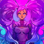  1girl aqua_background aveecomics big_hair binary covered_navel entrapta gradient_background highres long_hair looking_at_viewer paid_reward_available parted_lips purple_background purple_eyes purple_hair she-ra_and_the_princesses_of_power smile solo twintails upper_body very_long_hair 