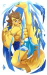 abs anthro blue_eyes brown_hair canid canine canis fur hair hi_res male male/male mammal muscular muscular_anthro muscular_male silvertain solo wolf yellow_body yellow_fur