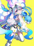  1girl absurdres altaria bare_shoulders blue_hair detached_sleeves flying_miku_(project_voltage) hatsune_miku highres long_hair looking_at_viewer official_alternate_costume open_mouth poke_ball poke_ball_(basic) pokemon pokemon_(creature) project_voltage riki_(rikixriki07) see-through see-through_sleeves simple_background thighhighs twintails very_long_hair vocaloid white_sleeves white_thighhighs yellow_background 