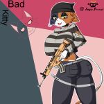 angie_pretzel anthro assault_rifle beanie belt bottomwear calico_cat choker clothed clothing denim denim_bottomwear denim_clothing domestic_cat epic_games felid feline felis female fortnite gun hat headgear headwear hi_res jeans jewelry mammal meow_skulls_(fortnite) necklace pants ranged_weapon rifle smile solo standing tagme torn_clothing weapon yellow_eyes