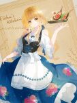  1girl blonde_hair bow bracelet brown_background character_name dairoku_ryouhei dress earrings elisha_paltier floral_dress food highres holding holding_plate jewelry long_hair looking_at_viewer meat plate rittz_tw very_long_hair white_bow yellow_eyes 