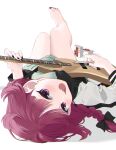  1girl :d alcohol bare_legs barefoot bass_guitar black_bow black_nails blunt_bangs blurry blush bocchi_the_rock! bow braid commentary_request depth_of_field dress earrings foot_up foreshortening full_body green_dress hair_bow hair_spread_out head_tilt highres hiroi_kikuri holding holding_instrument instrument jacket jewelry looking_at_viewer looking_up lying m_0506 music nail_polish on_back playing_instrument purple_eyes purple_hair sharp_teeth single_braid smile teeth toenail_polish toenails upper_teeth_only 