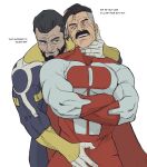  2boys beard black_eyes black_hair blue_bodysuit blue_eyes bodysuit bonjourdraws bulge bulge_press bulges_touching cape crossed_arms english_text facial_hair grey_hair highres invincible_(series) looking_at_another mature_male medium_hair multicolored_bodysuit multicolored_clothes multicolored_hair multiple_boys muscular muscular_male mustache neck_grab nolan_grayson omni-man red_bodysuit red_cape short_hair simple_background smile standing superhero teeth the_immortal_(invincible) thick_mustache two-tone_bodysuit white_background white_bodysuit wrinkled_skin yaoi yellow_bodysuit 