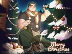  1boy absurdres arm_hair bara belly bulge christmas decorating facial_hair goatee green_hair green_overalls highres huge_eyebrows large_pectorals male_focus mature_male merry_christmas midriff_peek muscular muscular_male navel_hair oc_(kn) original overalls_pull pectorals plump scarf short_hair smile solo squatting wutang 