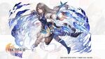  1girl blue_vest boots braid final_fantasy final_fantasy_xvi frost gloves grey_hair holding holding_sword holding_weapon ice_shard jill_warrick leather_vest logo long_hair long_skirt looking_at_viewer low-tied_long_hair neck_ribbon official_art puzzle_&amp;_dragons ribbon single_braid single_glove skirt solo sword vest weapon 