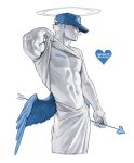  1boy abs blue_headwear blue_wings clothes_lift colored_skin halo hat highres male_focus midriff muscular muscular_male navel nipples original rinotuna shirt shirt_lift solo stomach white_skin wings 
