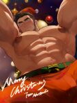  1boy abs armpit_hair armpit_peek armpit_stubble bara beard blush bulge christmas crotch facial_hair feet_out_of_frame from_below full_beard hat huge_pectorals large_areolae male_focus masayoshi_togashi_(alu379) merry_christmas muscular muscular_male nipples original outstretched_arms pectorals red_headwear santa_costume santa_hat short_hair solo sparse_chest_hair strongman_waist sweat thick_eyebrows thick_thighs thighs topless_male very_sweaty 
