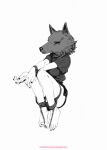 1girl animal_ears animal_head arms_on_knees bare_legs barefoot between_toes black_nails bound bound_ankles bound_thighs bound_wrists breasts crossed_wrists feet fox fox_ears fox_head greyscale highres ibrahem_swaid inktober knees knees_up legs_folded looking_ahead monochrome nail_polish original patreon_username shirt short_sleeves simple_background snout solo toenail_polish toenails toes web_address white_background wide_shot 