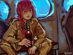  1girl aircraft alcohol alternate_costume bocchi_the_rock! bottle braid brown_jacket brown_pants camouflage desert_camouflage green_sweater hair_over_shoulder helicopter helicopter_interior highres hiroi_kikuri holding holding_bottle jacket low-braided_long_hair military military_uniform pants purple_eyes purple_hair russia russian_army sharp_teeth single_braid sitting smile solo sweater teeth uniform 