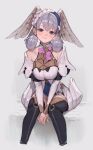  1girl bare_shoulders between_legs black_thighhighs blue_eyes breasts closed_mouth curly_hair dress feathered_wings grey_hair hand_between_legs head_wings highres large_breasts long_hair long_sleeves looking_at_viewer melia_antiqua o-ring short_dress sitting smile sooon thighhighs twitter_username white_dress wings xenoblade_chronicles_(series) xenoblade_chronicles_1 