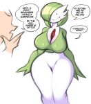 2023 absurd_res after_transformation big_breasts blush breasts clothed clothing dialogue ditto_(pokemon) duo english_text female gardevoir generation_1_pokemon generation_3_pokemon green_body green_hair hair happy hi_res human humanoid male mammal nintendo pokemon pokemon_(species) saltyxodium smile speech_bubble text thick_thighs white_hair wide_hips
