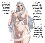  1girl breasts cameltoe covered_nipples english_text final_fantasy final_fantasy_xiv grey_hair jamjamstyle large_breasts lingerie long_hair looking_at_viewer navel nightgown panties see-through smile solo stomach strap_pull thighs thong underwear venat_(ff14) white_panties 