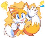 5_fingers anthro blue_eyes canid canine clothing dipstick_tail fallenmooon fingers fox fur gesture gloves handwear male mammal markings miles_prower open_mouth open_smile sega simple_background smile solo sonic_the_hedgehog_(series) tail tail_markings waving white_body white_fur yellow_body yellow_fur